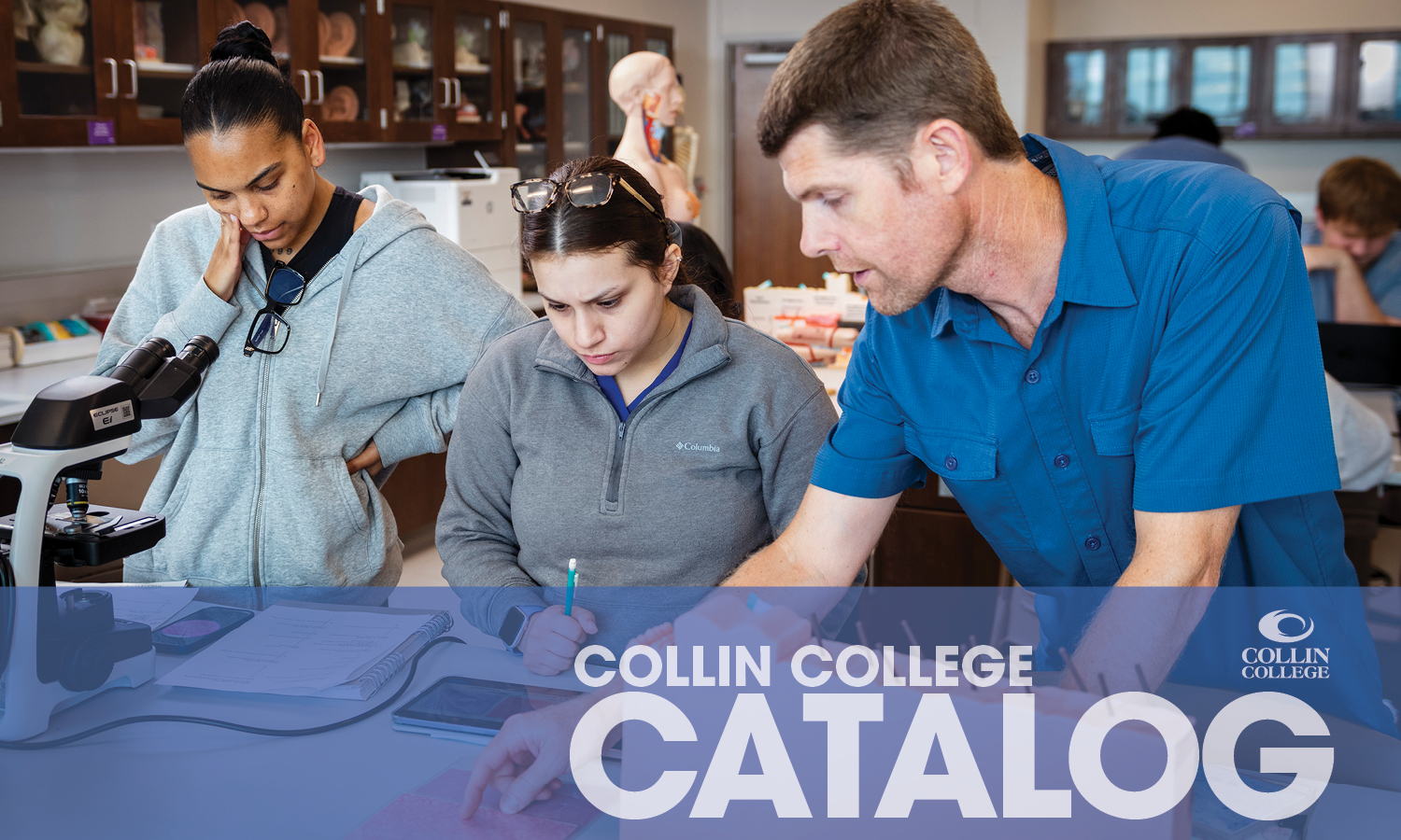 2025-2026 Collin College Catalog cover with Biology Instructor and Students